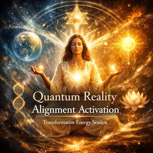 May include: An artistic digital image featuring a woman meditating with a glowing light emanating from her chest and hands. The image includes the text "Quantum Reality Alignment Activation" and "Transformative Energy Session". The background is a cosmic scene with a lotus flower.