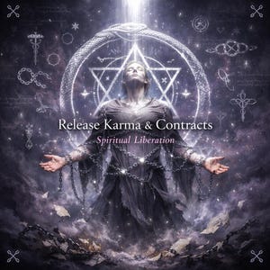 May include: Digital art featuring a woman with arms outstretched, bound by chains, against a cosmic background. The image includes the text "Release Karma & Contracts" and "Spiritual Liberation". A serpent and geometric shapes surround the woman.