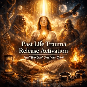 May include: Digital art with a spiritual theme. A woman in white clothing meditates with a bright light emanating from her chest. The text reads "Past Life Trauma Release Activation" and "Heal Your Soul, Free Your Spirit."