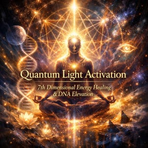 May include: Digital art featuring a meditating figure radiating golden light, surrounded by celestial elements. The image includes text that reads "Quantum Light Activation" and "7th Dimensional Energy Healing & DNA Elevation."
