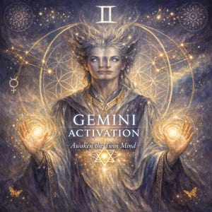 May include: Digital art print featuring a celestial figure with glowing orbs, adorned in a flowing robe. The image includes the text "GEMINI ACTIVATION" and "Awaken the Twin Mind", with astrological symbols and a starry background.