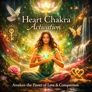 Puede incluir: Ilustración digital de una mujer meditando con una luz verde. El texto "Heart Chakra Activation" y "Awaken the Power of Love & Compassion" está presente. También se representan una paloma, una mariposa y una flor de loto.