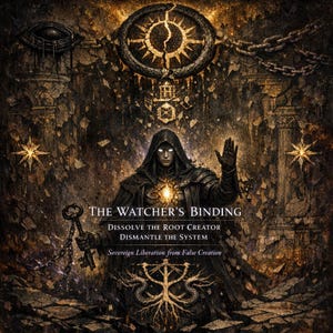 Può includere: Opera d'arte digitale con un'estetica oscura e gotica. Raffigura una figura in abito con occhi luminosi, che tiene una chiave e alza una mano. Il testo recita: "THE WATCHER'S BINDING" e frasi sulla liberazione e lo smantellamento.
