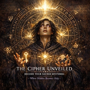 May include: Digital art featuring a person with purple eyes, wearing a dark cloak, and holding a key and a rock. The background includes a golden, circular design with symbols and text. The text reads "THE CIPHER UNVEILED" and "DECODE YOUR SACRED MYSTERIES."
