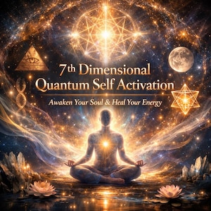 May include: Digital art featuring a meditating figure with a glowing center, surrounded by celestial elements. The image includes text that reads "7th Dimensional Quantum Self Activation" and "Awaken Your Soul & Heal Your Energy."
