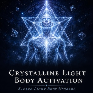 Może przedstawiać: Cyfrowa grafika przedstawiająca świecącą, niebieską postać ludzką z geometrycznym wzorem gwiazdy. Tekst brzmi "Crystalline Light Body Activation" i "Sacred Light Body Upgrade" w białym kolorze na ciemnoniebieskim tle.