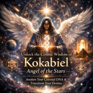 Può includere: Opera d'arte digitale raffigurante una figura celeste con grandi ali piumate, un mantello con cappuccio e un filamento di DNA luminoso. L'immagine include il testo che recita: "Unlock the Cosmic Wisdom of Kokabiel, Angel of the Stars."