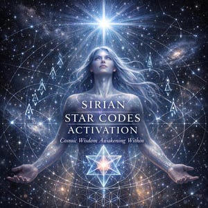 May include: Digital artwork depicting a celestial being with flowing hair, arms extended, set against a starry galaxy. The text reads "Sirian Star Codes Activation: Cosmic Wisdom Awakening Within."