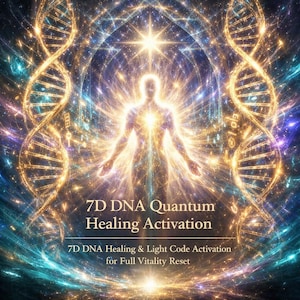 May include: Digital art featuring a glowing human figure with outstretched arms, radiating light and surrounded by swirling energy and DNA strands. The text reads "7D DNA Quantum Healing Activation" and "7D DNA Healing & Light Code Activation for Full Vitality Reset."