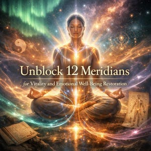 May include: Digital art featuring a person meditating in a lotus position, radiating light. The image includes text that reads "Unblock 12 Meridians for Vitality and Emotional Well-Being Restoration." A yin-yang symbol and anatomical charts are also present.