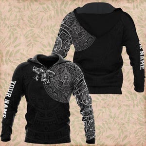 Mexican Aztec Calendar Hoodie, Quetzalcoatl Graphic, Custom Name, 3D All Over Print Unisex Pullover