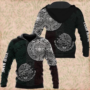 Mexican Aztec Calendar Hoodie, Mexico Eagle Crest, Custom Name Sleeve, 3D All Over Print Unisex Pullover