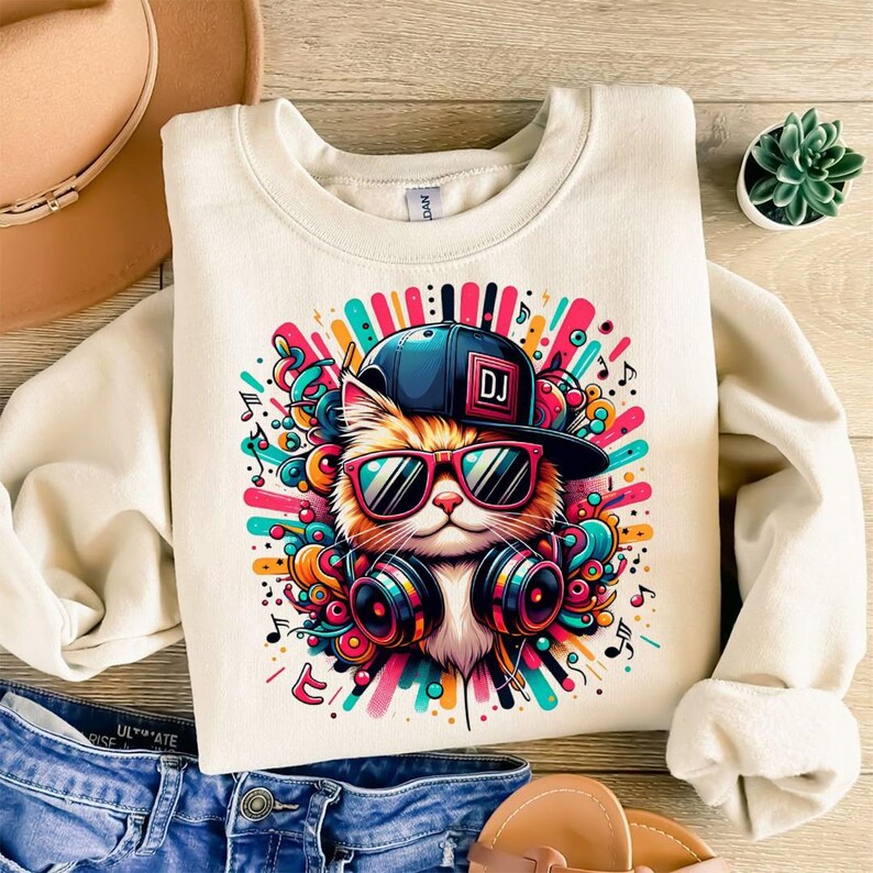May include: Cream-colored sweatshirt featuring a colorful graphic of a cat wearing sunglasses, a DJ hat, and headphones. The design includes musical notes and vibrant abstract shapes in pink, blue, yellow, and green. The hat has the letters "DJ" on it.