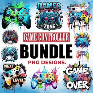 Può includere: Una collezione di design colorati di controller di gioco con il testo "GAME CONTROLLER BUNDLE PNG DESIGNS". I controller presentano colori vivaci e accenti in stile graffiti, con frasi come "GAME OVER" e "NEXT LEVEL".