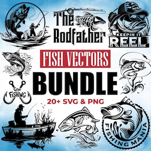 Pode incluir: Um conjunto de gráficos vetoriais em preto e branco com tema de pesca. Os designs incluem ilustrações de peixes, varas de pesca e pescadores, juntamente com textos como "The Rodfather", "Keepin' it Reel", "Gone Fishing" e "Fishing Mania". O pacote inclui mais de 20 arquivos SVG e PNG.