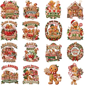 May include: A collection of sixteen Christmas-themed digital illustrations featuring gingerbread characters, holiday treats, and festive text such as Sweet Christmas Cookie Society, Baking Spirits Bright, Oh Snap It's Christmas, and North Pole Taste Tester.
