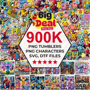 May include: A colourful image showcasing cartoon characters and the text "Big Deal Shop Now 900K PNG Tumblers PNG Characters SVG, DTF Files." Below are examples of tumblers with various designs, including characters like Stitch and Spider-Man.