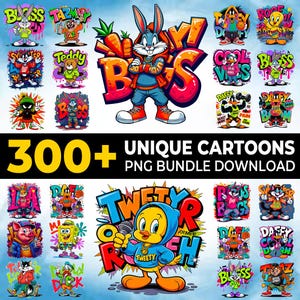 May include: A vibrant collection of cartoon character illustrations, including Bugs Bunny and Tweety Pie. The image includes the text "300+ UNIQUE CARTOONS PNG BUNDLE DOWNLOAD". The characters are depicted in various poses and styles, with bold colours.