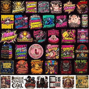 May include: A collection of graphic stickers featuring cats, dinosaurs, and fantasy themes with text including Princess Donut, Dungeon Crawler Carl, New Achievement, This Is An Outrage, and Goddamnit Donut in vibrant colors on a black background.