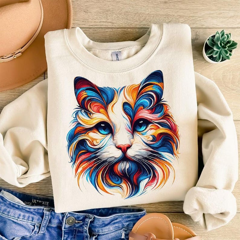 May include: Cream-colored sweatshirt featuring a vibrant, colorful cat face design. The cat's fur is depicted in shades of blue, orange, red, and yellow, with bright blue eyes and a pink nose. The sweatshirt is a casual, comfortable style.