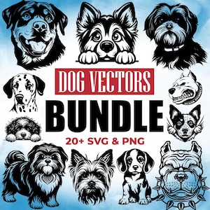 Puede incluir: Un conjunto de vectores de perros en blanco y negro. La imagen presenta varias razas de perros, con el texto "DOG VECTORS BUNDLE" y "20+ SVG & PNG". Ideal para proyectos de diseño gráfico.