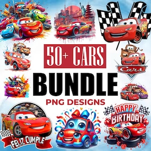Puede incluir: Un paquete de arte digital con varios diseños de coches de dibujos animados. La imagen incluye el texto "50+ CARS BUNDLE PNG DESIGNS" en negrita. Los coches son de colores vibrantes, con un enfoque en vehículos rojos y azules.
