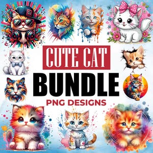 May include: A collection of colorful, cartoon-style cat illustrations. The images feature various cats with unique designs, including one wearing sunglasses and headphones. Text reads "CUTE CAT BUNDLE PNG DESIGNS."