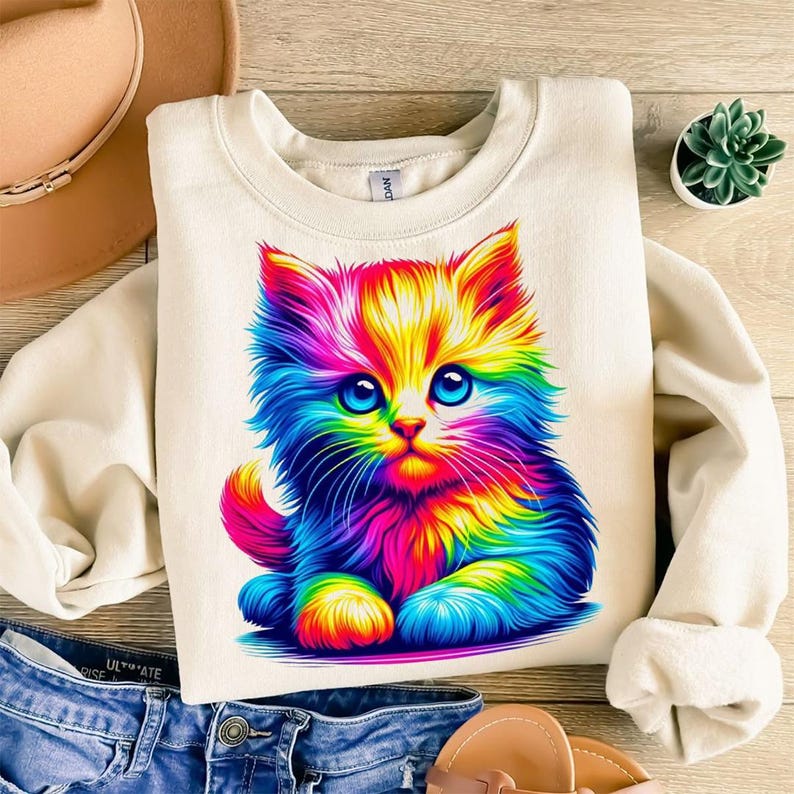 May include: Cream-colored sweatshirt featuring a vibrant, rainbow-colored kitten graphic. The kitten has large blue eyes and fluffy fur in shades of red, orange, yellow, green, blue, and purple. The sweatshirt is made of a soft material.