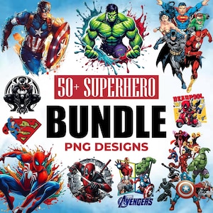 May include: A collection of superhero-themed PNG designs. The image features illustrations of Captain America, Hulk, Spider-Man, Deadpool, and other characters. Text reads "50+ Superhero Bundle PNG Designs."