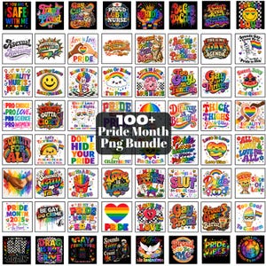 Puede incluir: Una colección digital de más de 100 diseños gráficos cuadrados con colores arcoíris, corazones, caras sonrientes y varios lemas relacionados con el Mes del Orgullo, incluyendo frases como Love is Love y Proud en una cuadrícula.