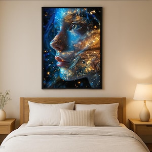 Cosmic Woman Wall Art – Mystical Galaxy Female Portrait | Surreal Celestial Poster | Digital Printable Artwork