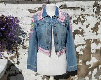 SALE Size 6 USA.Size 10 UK.Upcycled Denim Jacket*Festival Wear*Hippy*Fairy*Gypsy Cowgirl*Beaded*One Of A Kind Wearable Art*Ready To Ship*