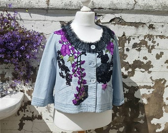 SALE size*UK 26.USA 22/24*Denim Jacket*Festival Wear*Hippy*Fairy*Gypsy*Cowgirl*Beaded*One Of A Kind Wearable Art*Ready To Ship*Cowgirl*