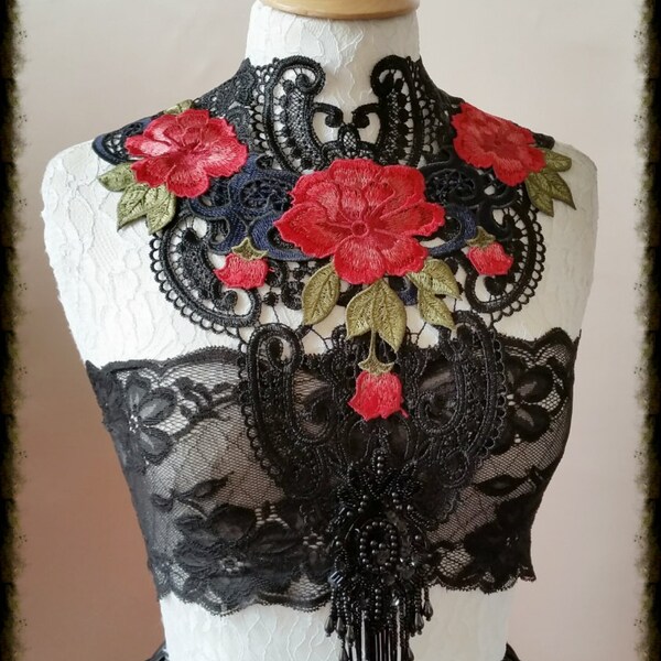 Couture lace tattoo black bib  necklace COLLAR  BURLESQUE  Gothic sexy Burning Man Festival