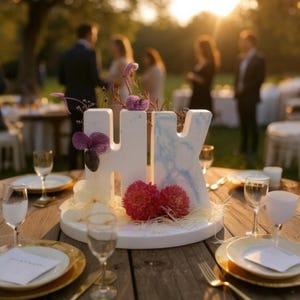 Könnte beinhalten: Ein dekoratives Mittelstück mit den Buchstaben "HK" in Weiß, verziert mit rosa und lila Blumen, steht auf einem Holztisch. Der Tisch ist mit goldgeränderten Tellern, Gläsern und Besteck gedeckt, was auf eine Hochzeit oder eine Outdoor-Veranstaltung hindeutet.
