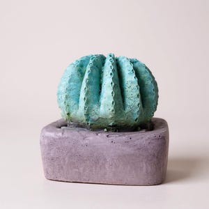 Puede incluir: Escultura de cactus turquesa en maceta cuadrada de hormigón lavanda. El cactus esférico tiene una superficie texturizada. La maceta tiene un diseño liso y minimalista. Una pieza decorativa.