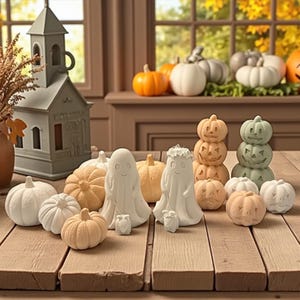 Può includere: Una collezione di decorazioni a tema Halloween, tra cui zucche bianche e arancioni, figure di fantasmi e sculture di zucche impilate. Le zucche variano per dimensioni e stile, alcune con facce intagliate. È presente anche una piccola decorazione a forma di chiesa grigia.