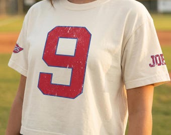 Baseball Mom Boxy Tee, Outline Number Comfort Colors Shirt, Pennant Sleeve Baseball Mama Gift, Game Day Cropped Tee, Team Group Shirt