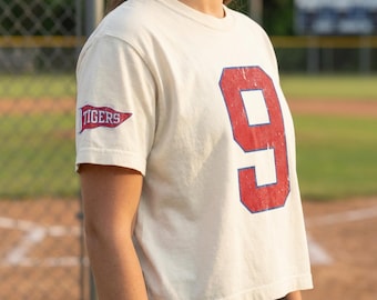 Baseball Mom Boxy Tee, Outline Number Comfort Colors Shirt, Pennant Sleeve Baseball Mama Gift, Game Day Cropped Tee, Team Group Shirt