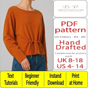 Könnte beinhalten: Ein langärmeliges Oberteil in gebranntem Orange mit Kordelzug in der Taille, kombiniert mit einer blauen Jeans. Das Bild enthält Text: Bob Pattern Studio, PDF pattern, US Letters - A4 - A0, Hand Drafted, 3 samples sewn for accuracy and fit, UK 8-18, US 4-14.