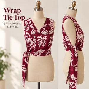 May include: A sleeveless wrap tie top featuring a deep red fabric with a white floral and leaf pattern. The garment has a V-neckline and ties at the side. The text "Wrap Tie Top PDF SEWING PATTERN" is visible on the left side of the image.