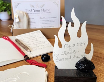 Kit de Cartões de Afirmação "Fogo Interior" | Cartões de Afirmação em Branco, Cartões de Intenção de Chama, Suporte de Madeira, Obsidiana Negra, Presente de Autocuidado