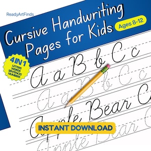 Puede incluir: Una hoja de trabajo digital Cursive Handwriting Pages for Kids Ages 8-12, con un lápiz amarillo, una etiqueta de estrella 4 IN 1 para letras, palabras, frases y números, y una pancarta INSTANT DOWNLOAD sobre líneas de práctica cursiva.