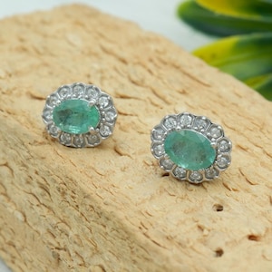Natural Genuine Emerald & White topaz 925 Silver Stud Earrings, Oval cut Emerald Push back Silver Stud Earrings, Fine Jewelry, Gift for her