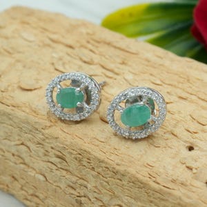 Natural Genuine Emerald & White topaz 925 Silver Stud Earrings, Oval cut Emerald Push back Silver Stud Earrings, Fine Jewelry, Gift for her