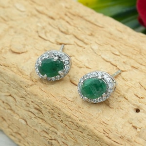 Natural Genuine Emerald & White topaz 925 Silver Stud Earrings, Oval cut Emerald Push back Silver Stud Earrings, Fine Jewelry, Gift for her