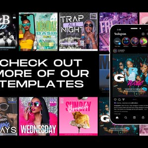 K&ouml;nnte beinhalten: Werbebild mit einer Sammlung von Event-Flyern und Social-Media-Vorlagen. Die Flyer zeigen verschiedene Themen, darunter R&B, Geburtstagsfeiern und Trap-N&auml;chte. Das Bild enth&auml;lt auch ein Mock-up eines Instagram-Profils.