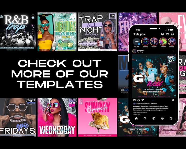 K&ouml;nnte beinhalten: Werbebild mit einer Sammlung von Event-Flyern und Social-Media-Vorlagen. Die Flyer zeigen verschiedene Themen, darunter R&B, Geburtstagsfeiern und Trap-N&auml;chte. Das Bild enth&auml;lt auch ein Mock-up eines Instagram-Profils.