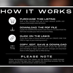 K&ouml;nnte beinhalten: Schwarz-wei&szlig;-Grafik mit dem Text "HOW IT WORKS" und Anweisungen zum Kauf, Herunterladen und Bearbeiten einer Datei. Die Anweisungen umfassen Schritte zur Verwendung von Canva und zum Herunterladen in verschiedenen Formaten.