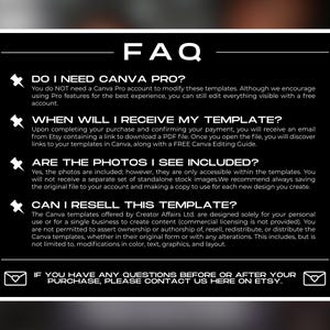 K&ouml;nnte beinhalten: Ein schwarz-wei&szlig;es FAQ-Dokument mit Text, der h&auml;ufige Fragen zu Canva-Vorlagen beantwortet. Das Dokument enth&auml;lt Fragen zu Canva Pro, der Vorlagenlieferung, enthaltenen Fotos und dem Weiterverkauf der Vorlagen. Das Dokument ist mit einem wei&szlig;en Rahmen versehen.